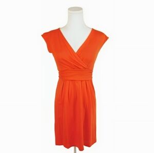 Ann Taylor Loft V-Neck Belted Dress XSP A-Line Orange/Coral Pleated Skirt